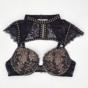 NWT ◇ Victoria's Secret 34B Very Sexy Black Lace High Neck Studded Push Up…